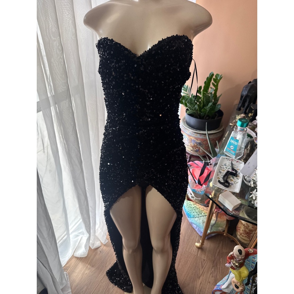 Fashion Nova Womens XS Black Sequin Strapless High Low Formal Gown Bodysuit Dres